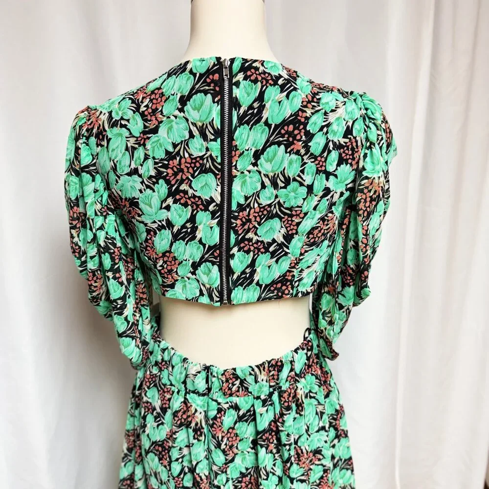 Rosevelvet Floral Cutout Midi Dress Mint Green Puff Sleeve Tie Front Boho Size M - Picture 5 of 9